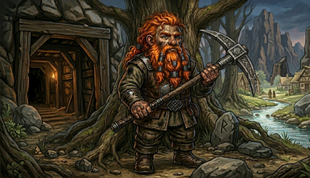 A Dwarven miner stands before a mine entrance, pickaxe in hand, rune-carved stone at his feet — every miner has spilled blood