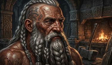 A weathered Dwarven elder — rune-tattooed, braided beard bound with iron rings, forge-lit eyes carrying centuries of history