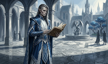 An Elf scholar of Thalasien — cold silver city behind him, tome in hand, the gaze of someone five centuries deep in a subject no one else has studied long enough to understand