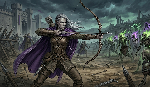 An Elven warrior draws a bow against a tide of undead — unhurried precision, five centuries of patience aimed at a single point