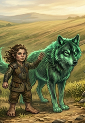 A Halfling druid stands barefoot in an ancient grove, a spirit wolf at her side, goblins lurking in the shadows behind — continuous with the living world