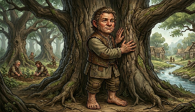 A Halfling pressing bare hands to an ancient tree in a forest grove, bare feet on earth, village visible in the background