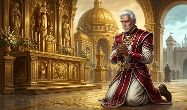 A Human cleric of the Radiant Compact kneeling in a gold-domed cathedral — the institutional weight of the Church made flesh