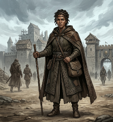 A Human traveller standing before city gates under a storm sky — staff in hand, pack at side, the world still ahead